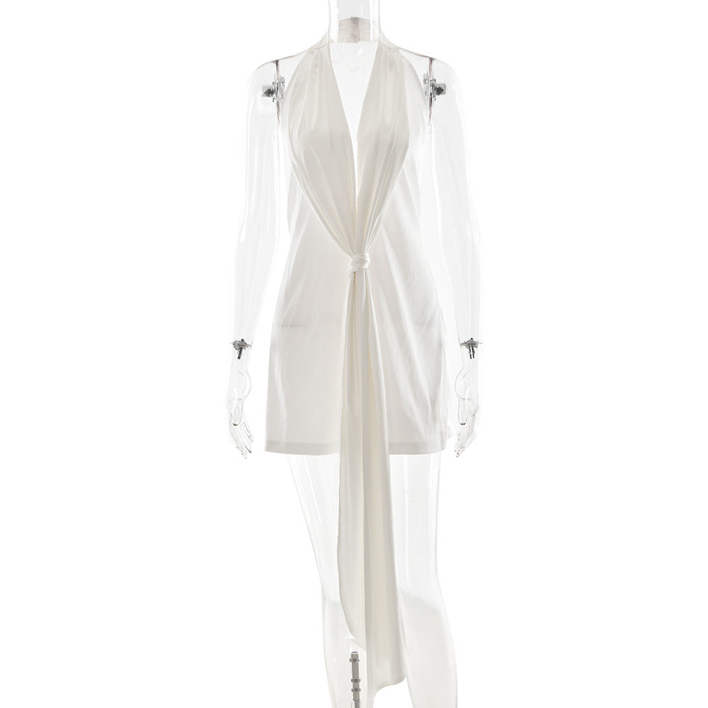 Halter Deep V Plunge Sexy Hip Dress Elegant Backless Twist Waist Trimming Dress