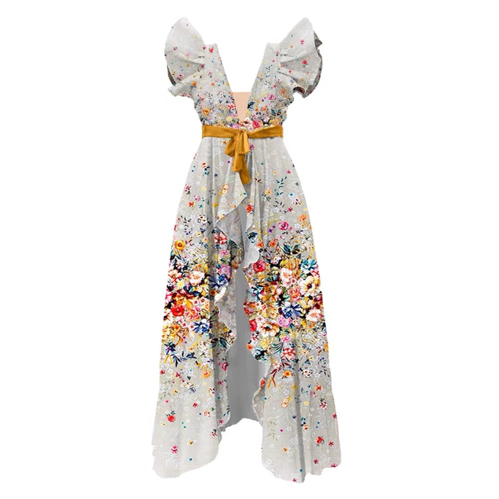 Bow Printing One Piece Women Swimwear French Retro Cover Belly Slimming Swimsuit