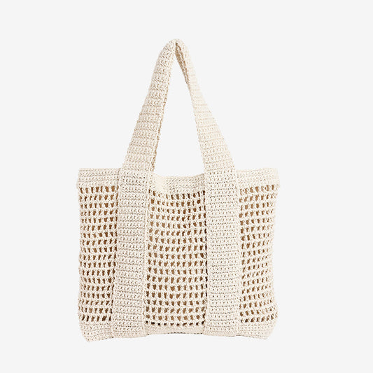 Casual Large Capacity Cotton Thread Woven Bag Hollow Out Cutout Straw Bag Seaside Vacation Beach Bag Mesh Shoulder Bag