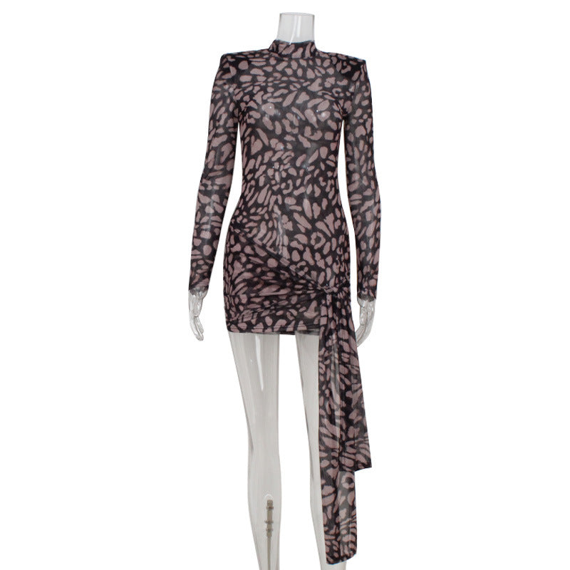 Women Clothing Mesh See through Leopard Print Lace up Waist Tight Sexy Dress