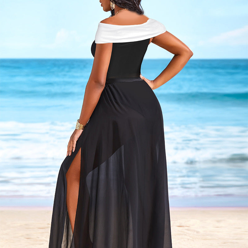 Solid Color Sexy Bandeau One Shoulder Sunscreen Beach Dress One Piece Ladies Two Piece Set Swimsuit