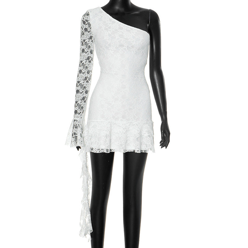 Women Autumn Shoulder Sleeve Ruffles Streamer Long Sleeve Short Dress