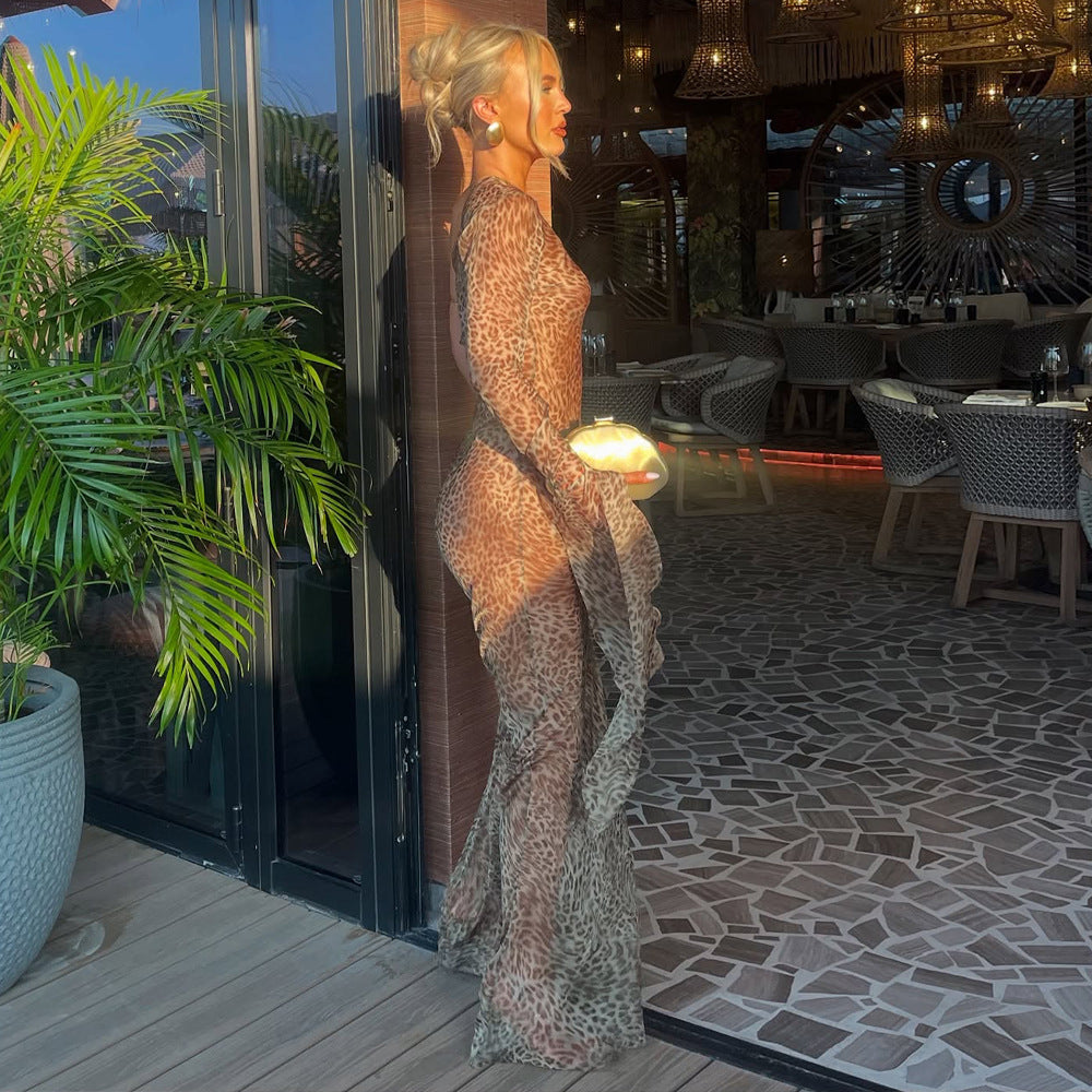 Summer Leopard Print Dress Sexy See through Shoulder Single Sleeve Slim Fit Sexy Dress