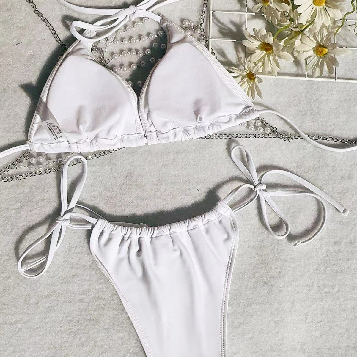 Sexy Pearl Chain Bandage Swimsuit Women Split Three Piece Bikini