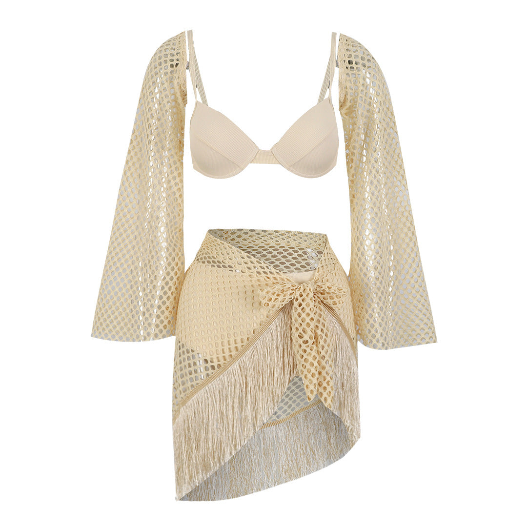 Small Sunken Stripe Solid Color Three Point Bikini Skirt Split Swimsuit Set