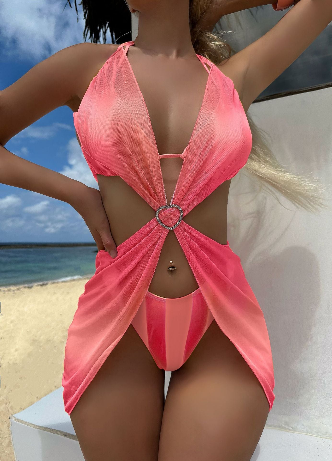 Striped Gradient Love Tulle Skirt Three Piece Sets Swimwear Swimsuit Bikini