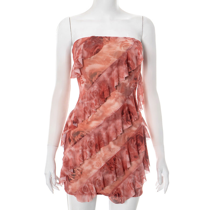 Women Clothing Spring Summer Ruffled Mesh Tube Top Mini Rose Print Sheath Dress