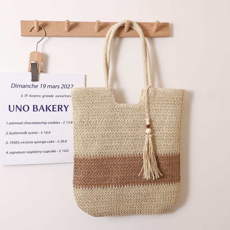 Woven Two Tone Tassel Woven Bag Shoulder Bag Casual Straw Bag Casual Women Bag Beach Bag