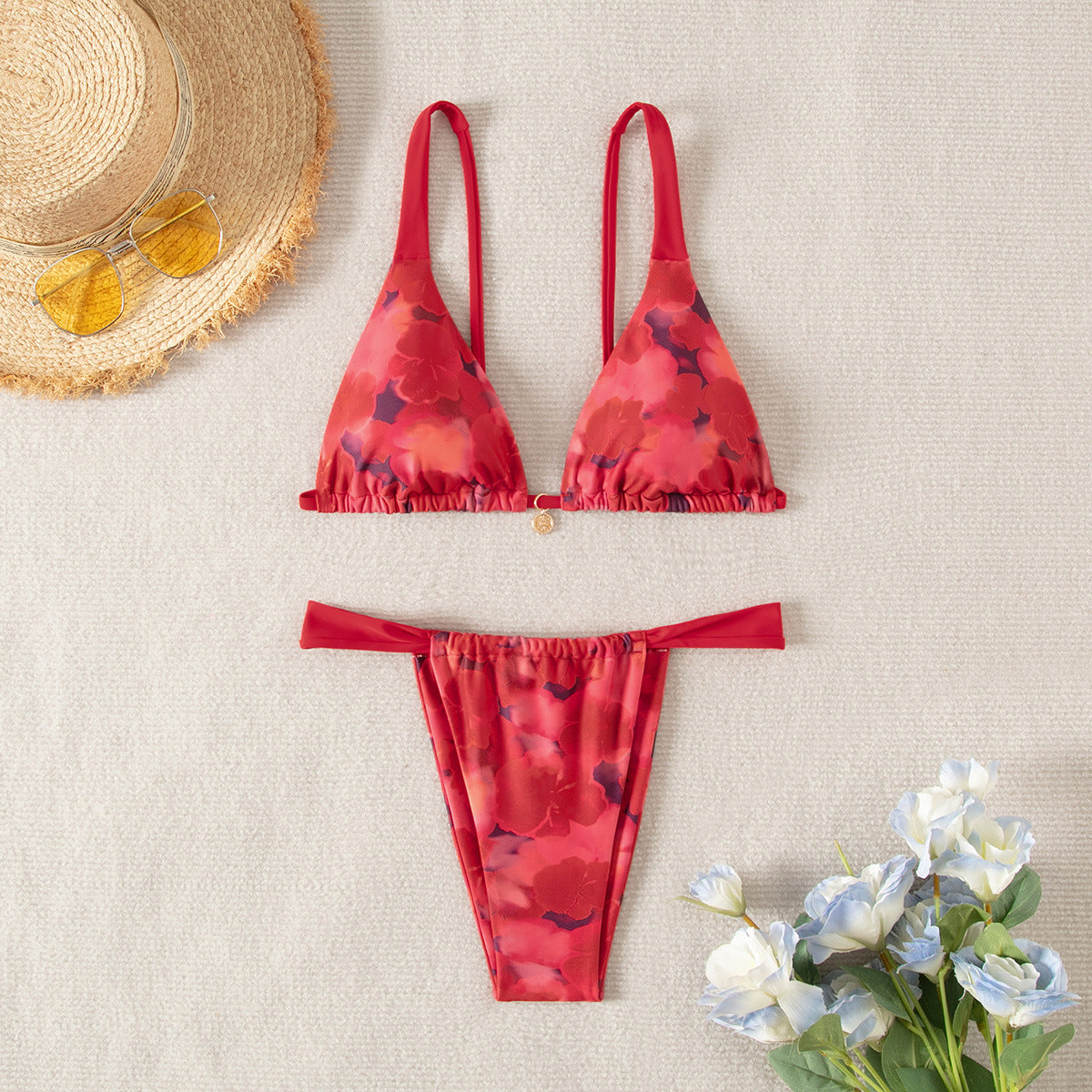 Bikini Printing Triangle Lace Up Sexy Bikini Split Swimsuit Swimwear