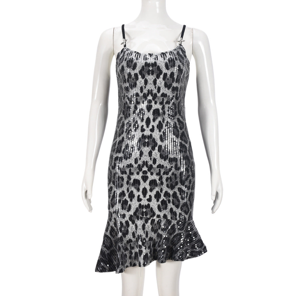 Women Clothing Autumn Sequined Leopard Backless Cross Decoration Sexy Dress