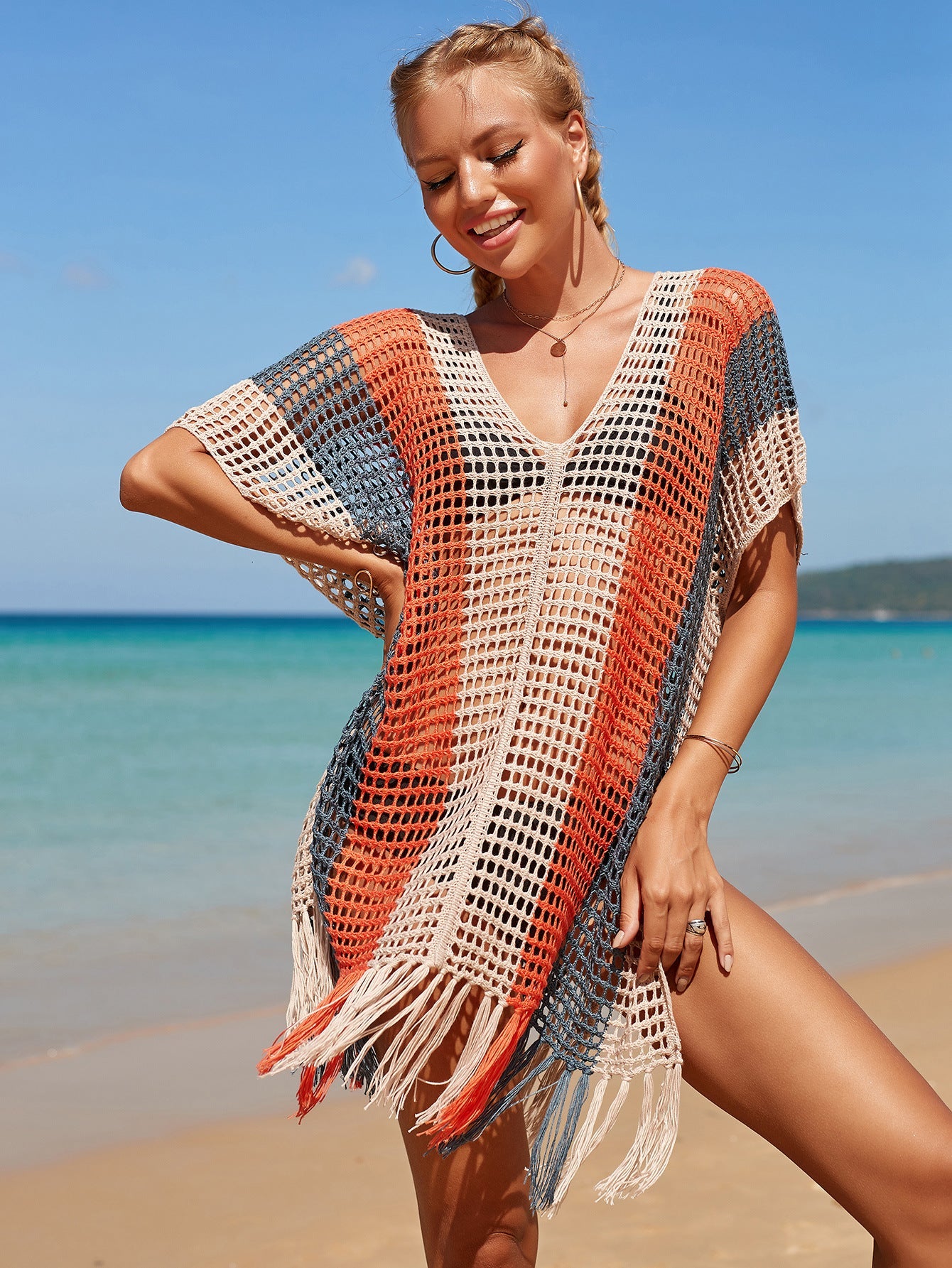 Rainbow Color Hollow Out Cutout Beach Cover up Seaside Holiday Bikini Cover Swimsuit Outwear Sun Protection Clothing