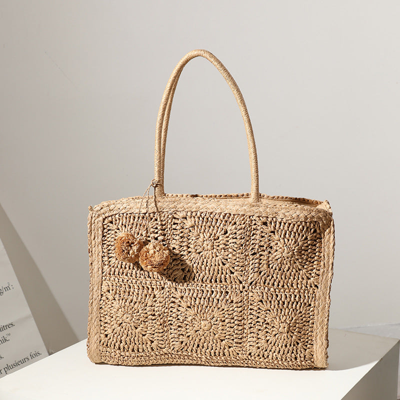 Hollow Out Cutout Straw Bag Large Capacity Fur Ball Hand Woven Bag Casual Women One Shoulder Handbag Beach Bag