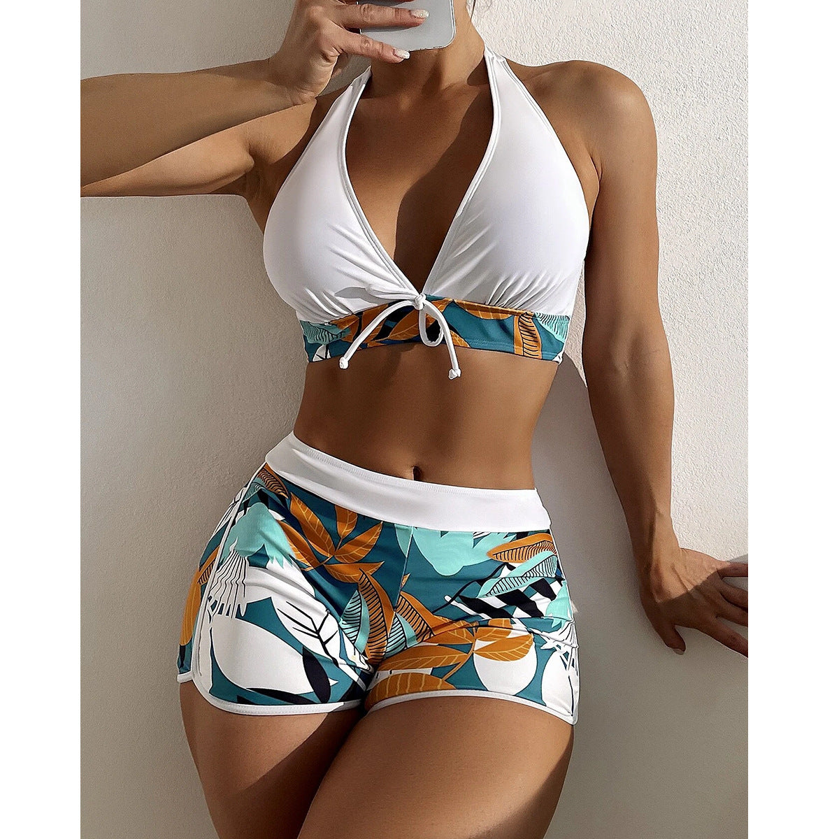 Swimsuit Women Split High Waist Boxer Lace Printing Solid Color Stitching Swimsuit