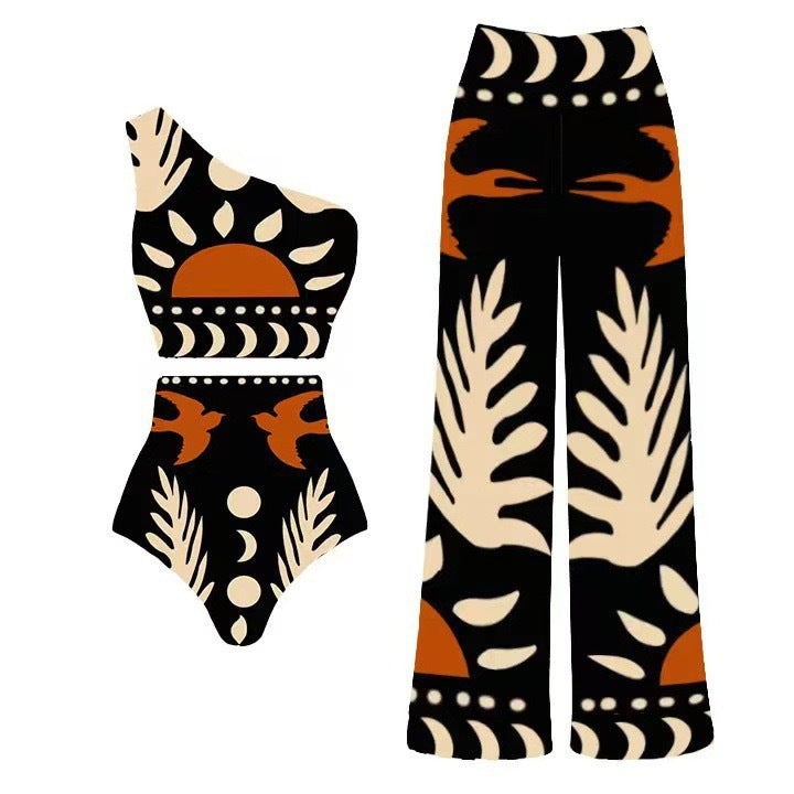 Lonkey Swimwear Retro Printed Mesh Trousers Conservative Swimwear Bikini