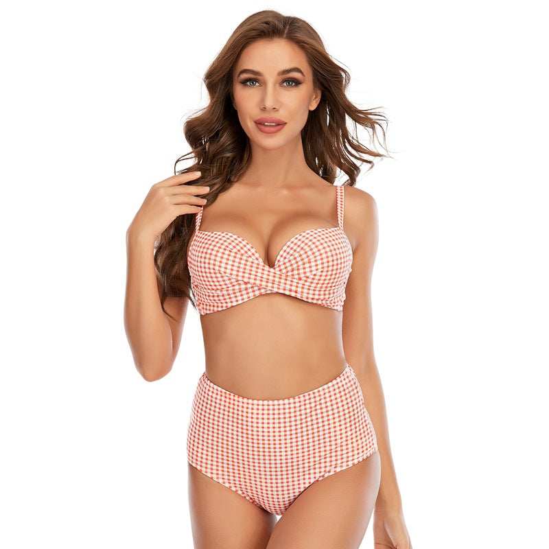 Women Bikini Multicolor Plaid Push Up Split Swimsuit Beach Vacation Swimsuit