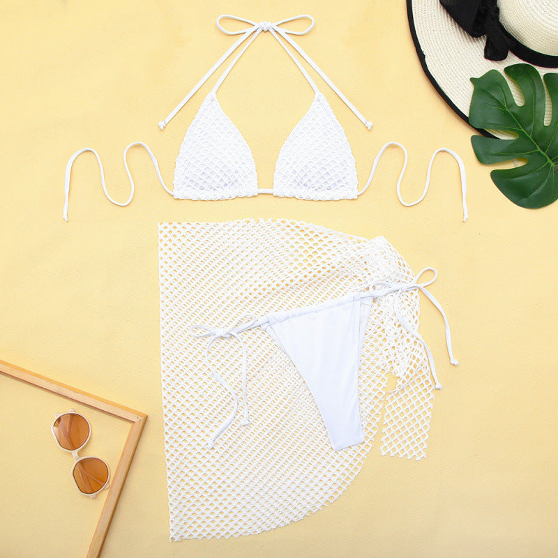 Swimsuit Women Solid Color Split Mesh Swimsuit Three Piece Sets Bikini Swimsuit