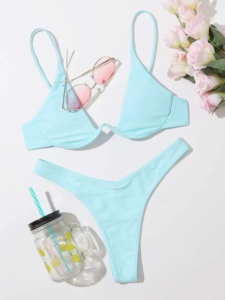 Sexy Bikini Split Gathering Steel Bracket Solid Color Swimsuit Women