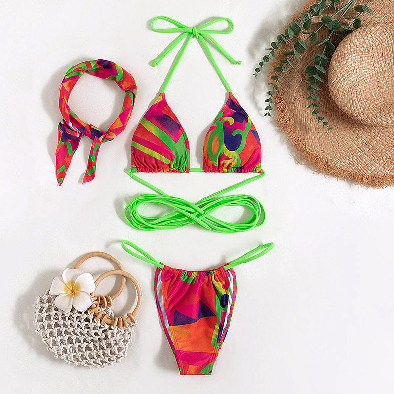 Women Swimsuit Split Swimsuit Lace up Sexy Print Random Headscarf Bikini
