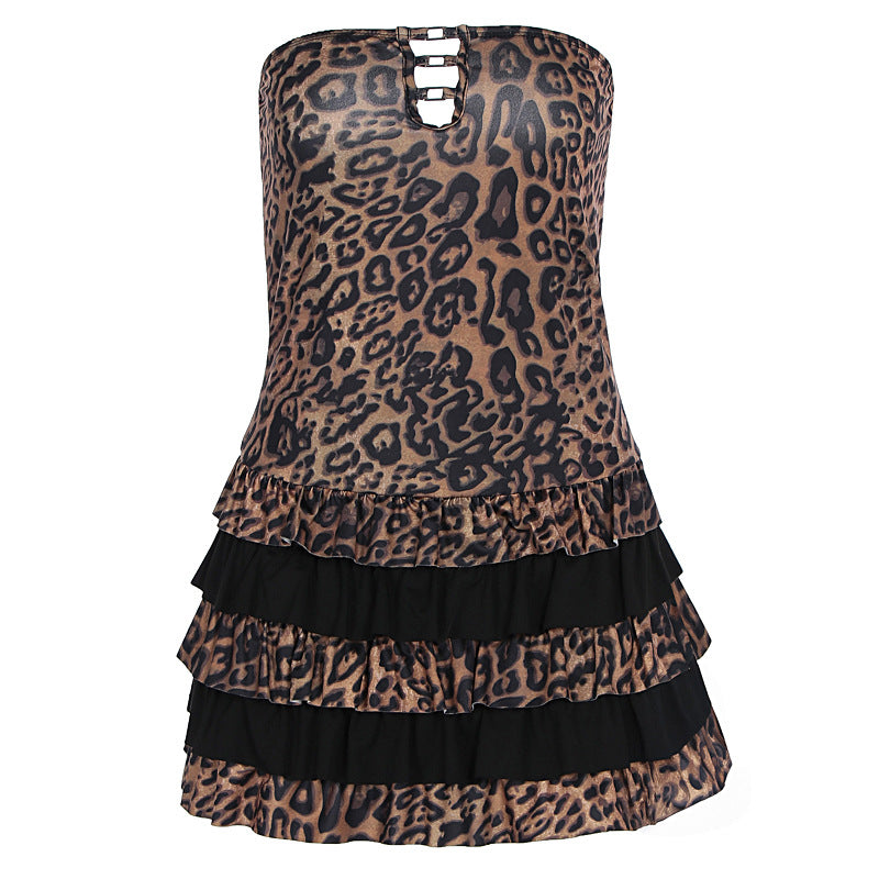 Women Clothing Summer Sexy Tube Top Leopard Print Sleeveless Pleated Short Dress