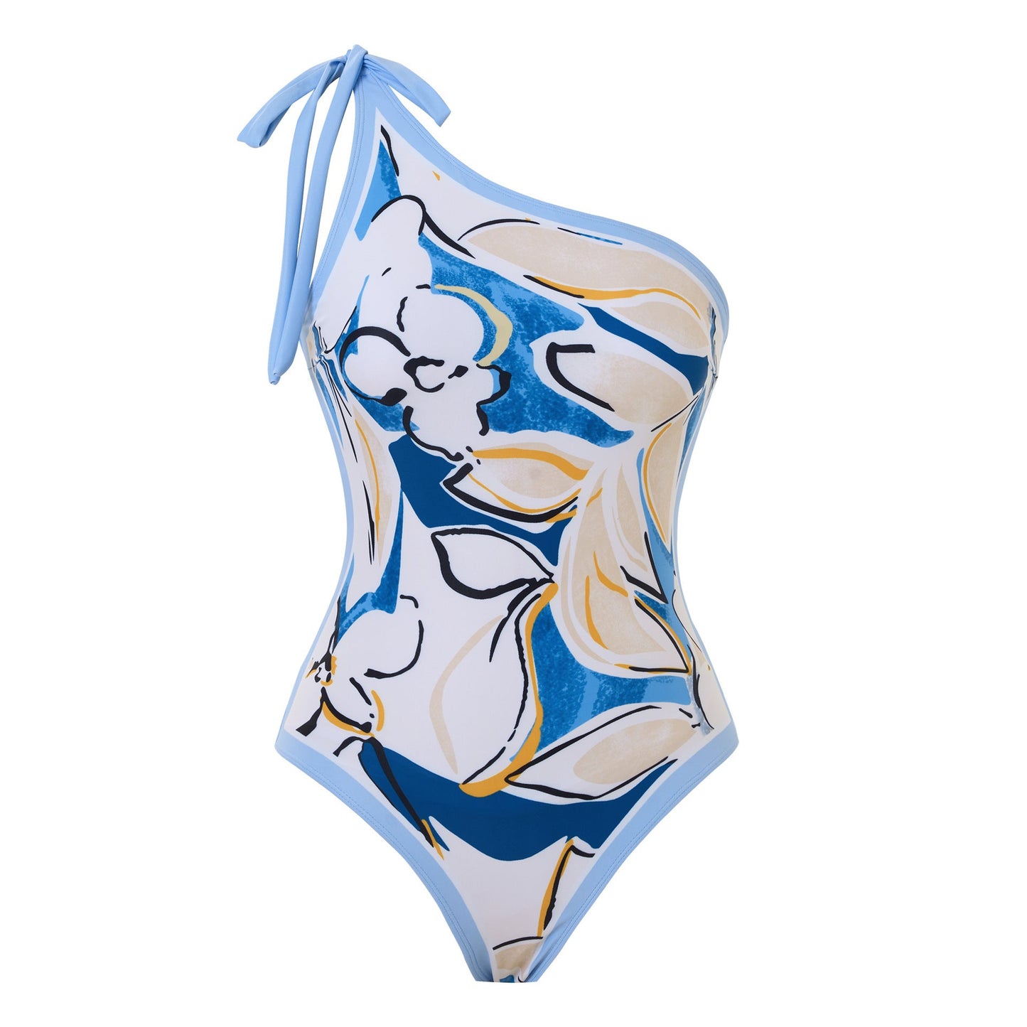 Sexy Swimsuit Women Siamese Triangle Shoulder Polyester Printed Lace up Swimsuit