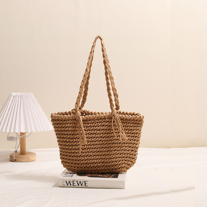 Tassel Shoulder Cotton Thread Woven Bag Solid Color Straw Bag Vacation Beach Bag Casual Women Bag