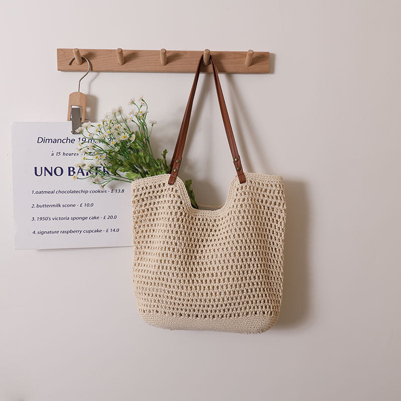 Casual Hollow Out Cutout Shoulder Cotton Thread Woven Bag Lazy Wind Portable Straw Weaved Bag Seaside Vacation Beach Bag Women Bag