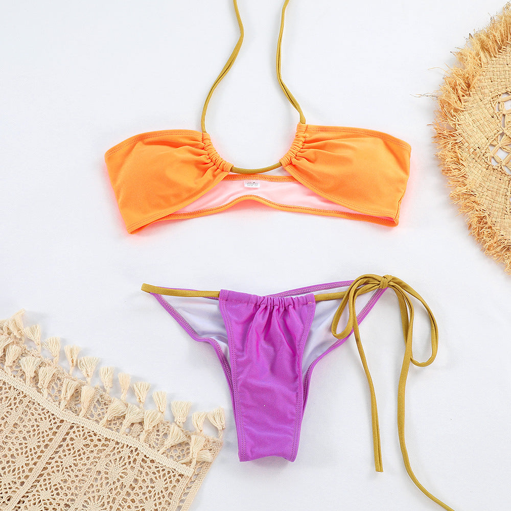 Nylon Light Color Matching Lace up Bikini Sexy Split Swimsuit Women