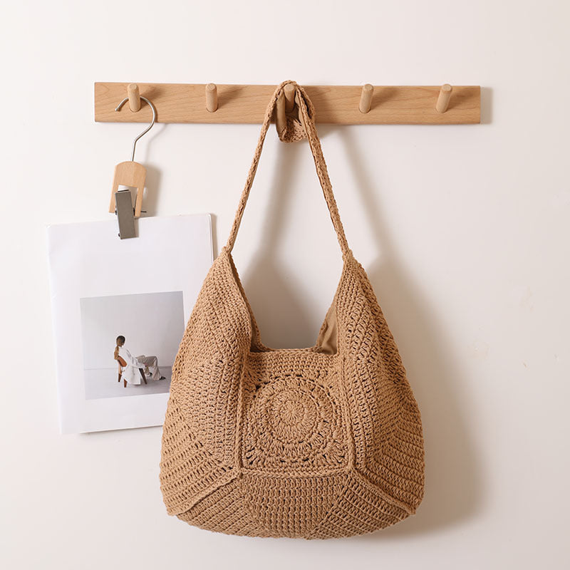 High Grade Single Shoulder Large Capacity Cotton Thread Woven Bag Hollow Out Cutout Floral Straw Bag Vacation Beach Bag Women Bag