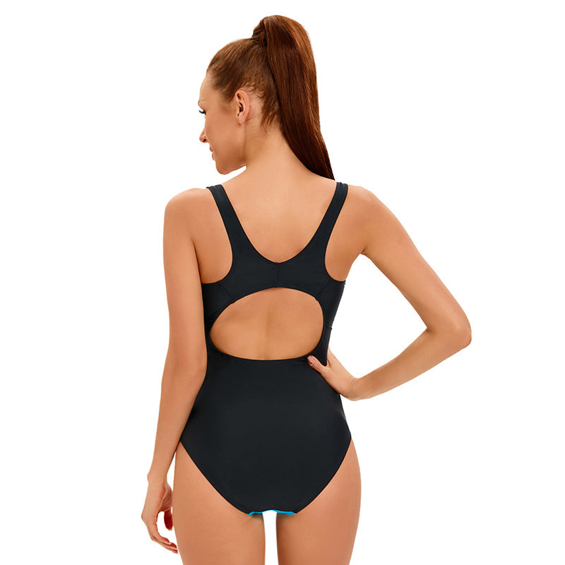 Color Matching Sports One Piece Swimsuit Women Sexy Backless Hollow Out Cutout Swimsuit