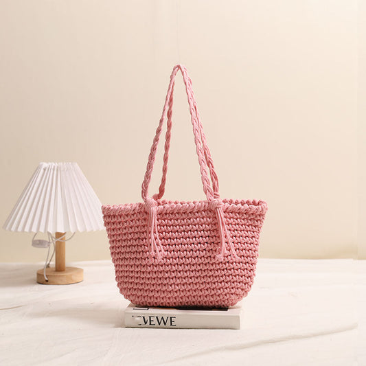 Tassel Shoulder Cotton Thread Woven Bag Solid Color Straw Bag Vacation Beach Bag Casual Women Bag