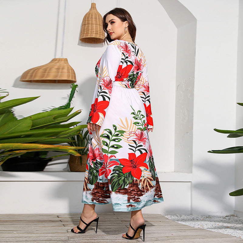 Plus Size Printed Long Sleeve Dress High Waist Lace up Vacation Swing Maxi Dress