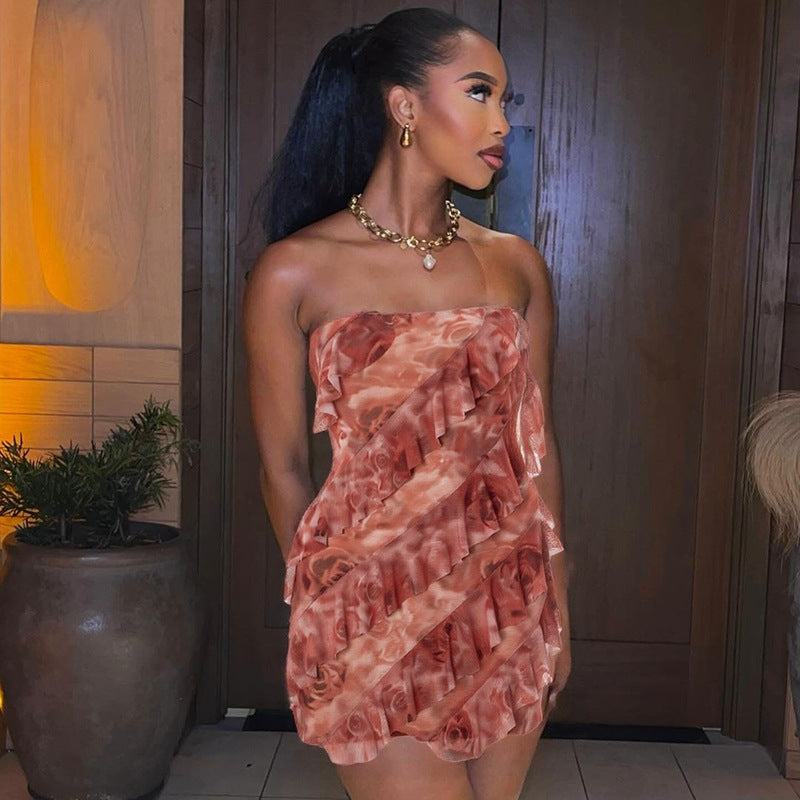 Women Clothing Spring Summer Ruffled Mesh Tube Top Mini Rose Print Sheath Dress