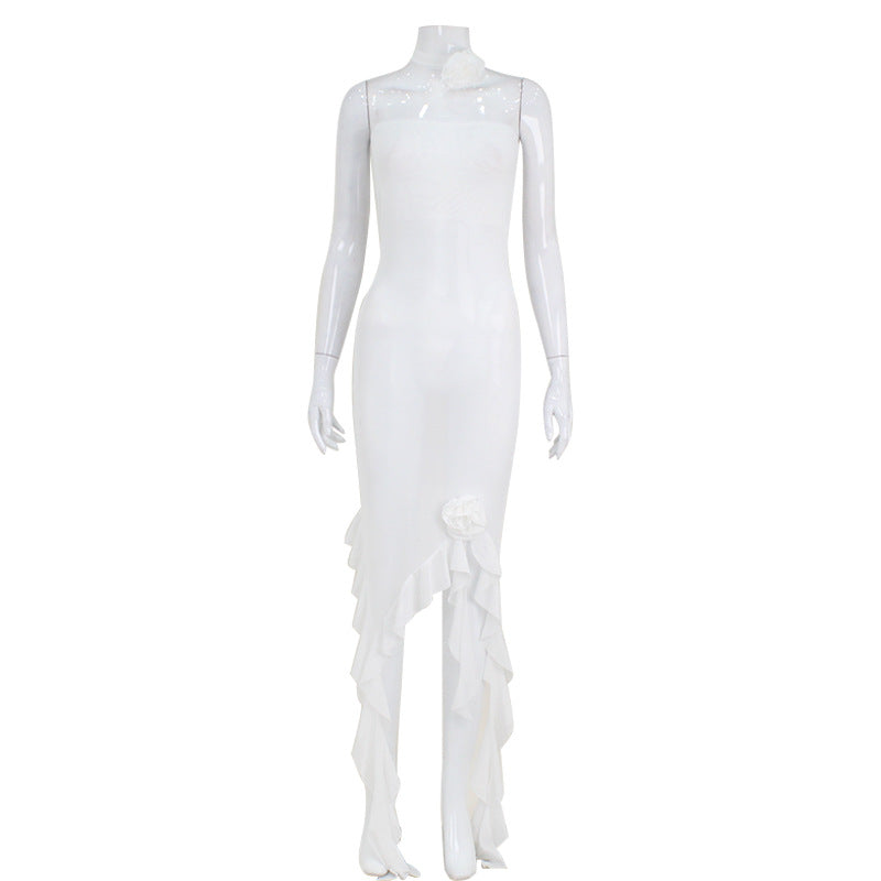 Women Clothing Tube Top Sexy Wooden Ear Stitching Non Ribbon Dress Swing Mesh Sheath Dress Women