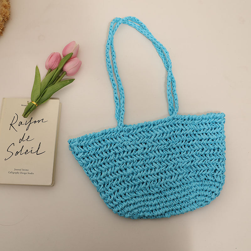 One Shoulder Straw Bag Simple Hollow Out Cutout out Straw Bag Woven Bag Summer Sweet Portable Seaside Vacation Beach Bag Women
