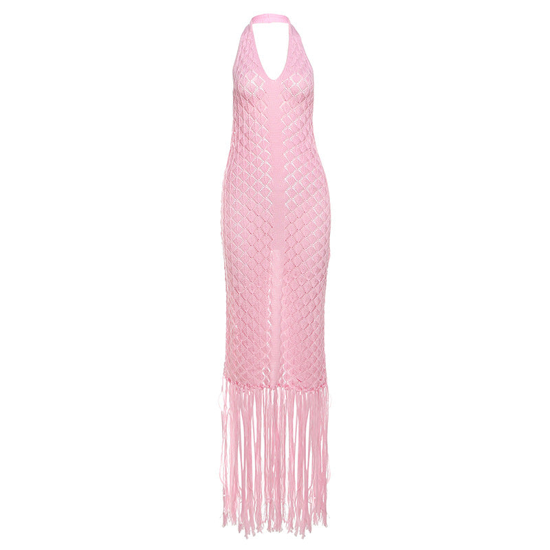 Summer Beach Dress Women Solid Color Sexy Knitted Beach Group Cover up Sunscreen Knitted Dress