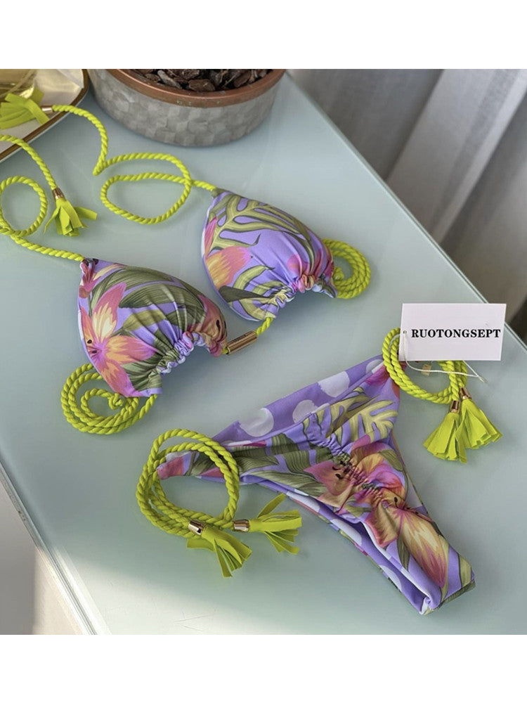 Bikini Soft Bag Low Waist Braid Rope Printed Women Seperated Swimwear Multi Color Swimsuit
