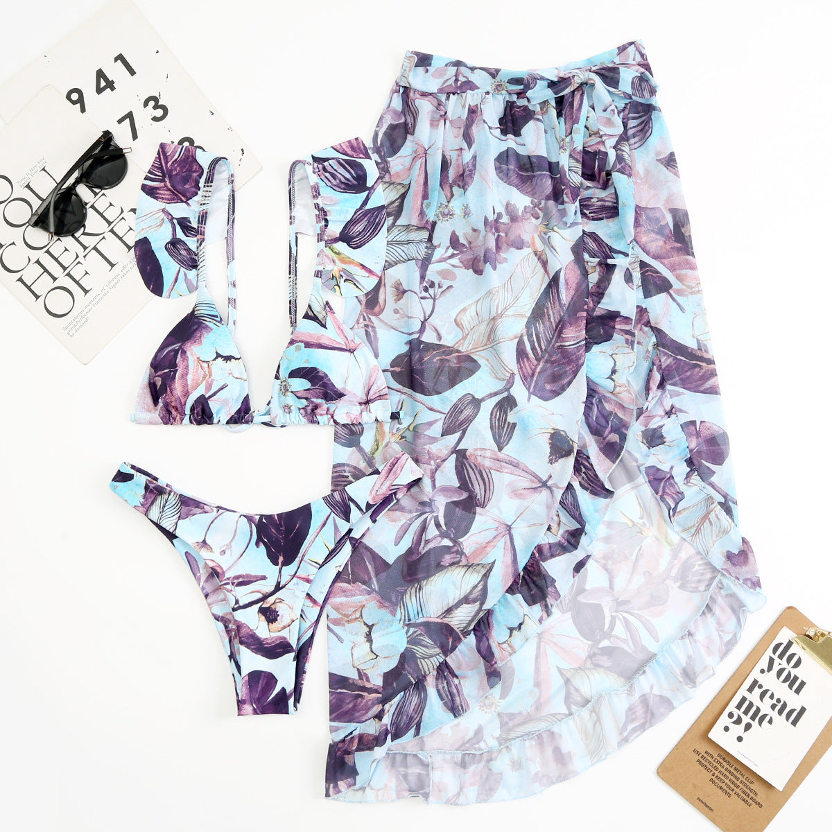 Women Printed Split Sexy Double Sided Mesh Triangle Bikini Swimsuit Three Piece Set