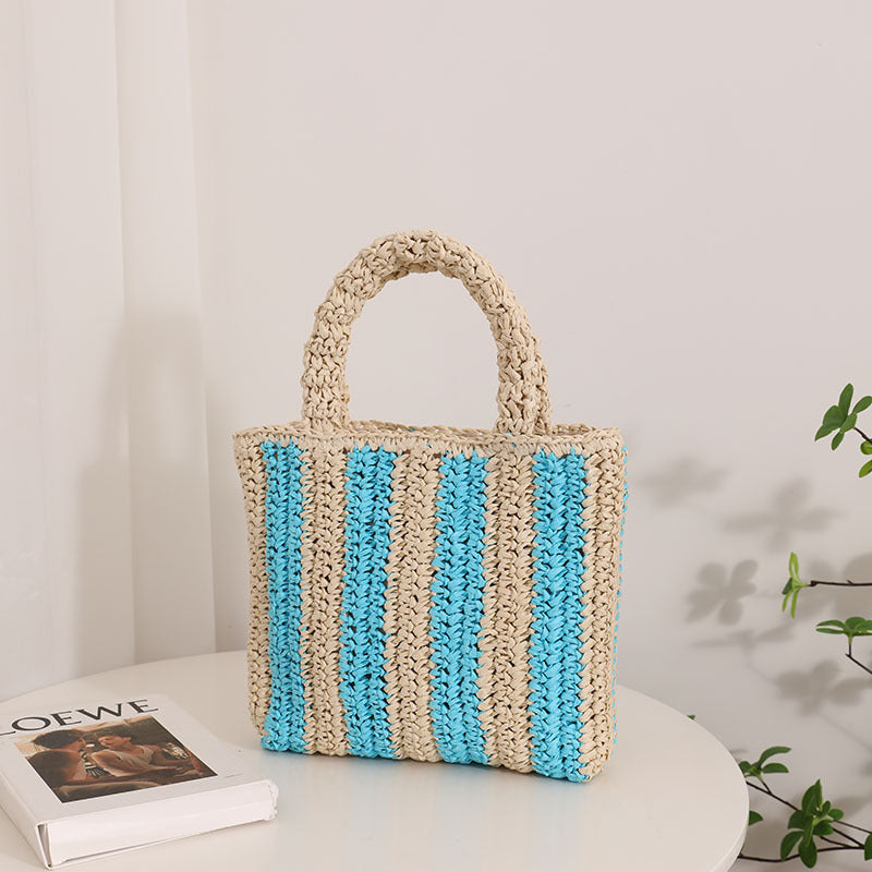 Vertical Stripes French Straw Bag Portable Contrast Color Straw Bag Woven Bag Women's Bag Seaside Vacation Beach Bag