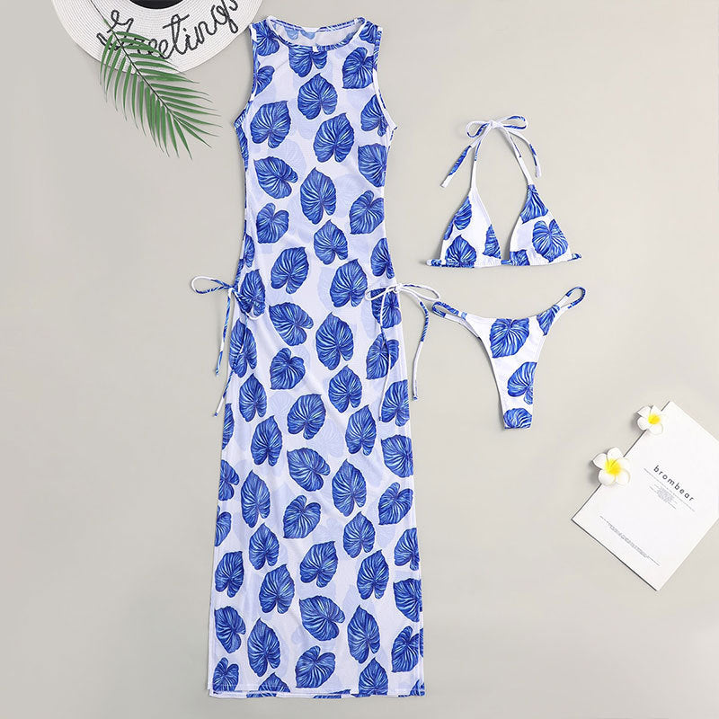 Mesh Maxi Dress Swimsuit Women Printed Three Piece Set Cardigan Bikini Swimsuit