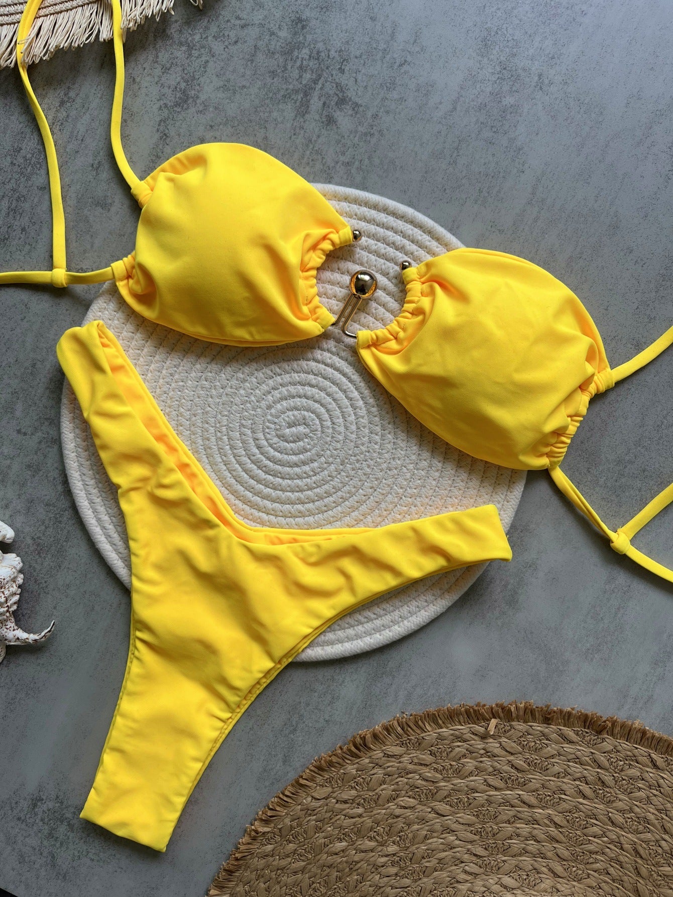 Yellow Metal Accessories Solid Color Bikini Sexy Backless Split Swimsuit Nylon Bikini