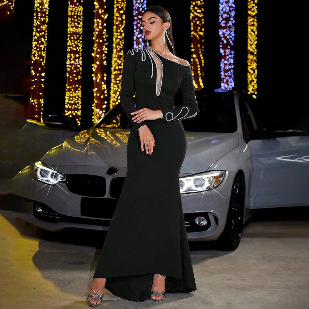 Autumn Winter Dress Sequin Stitching Slim Sheath Party Long Sleeve Evening Dress