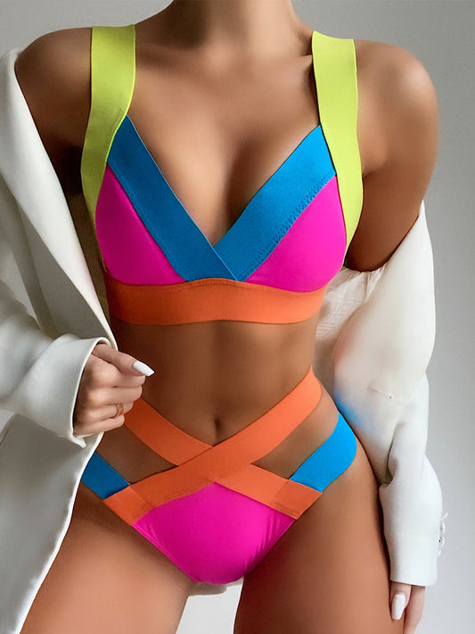 Color Bandage Bikini Sexy Highly Stretch Contrast Color Triangle Bag Swimsuit