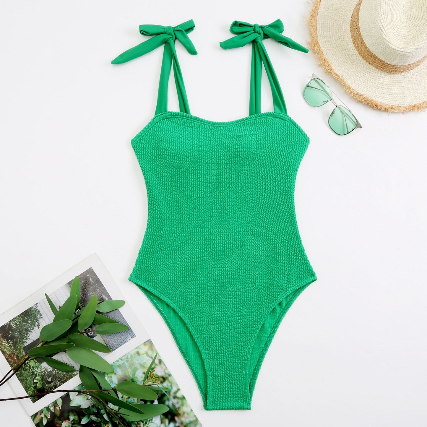 Pleated Wave Cloth One Piece Lace up Swimsuit Swimsuit Bikini
