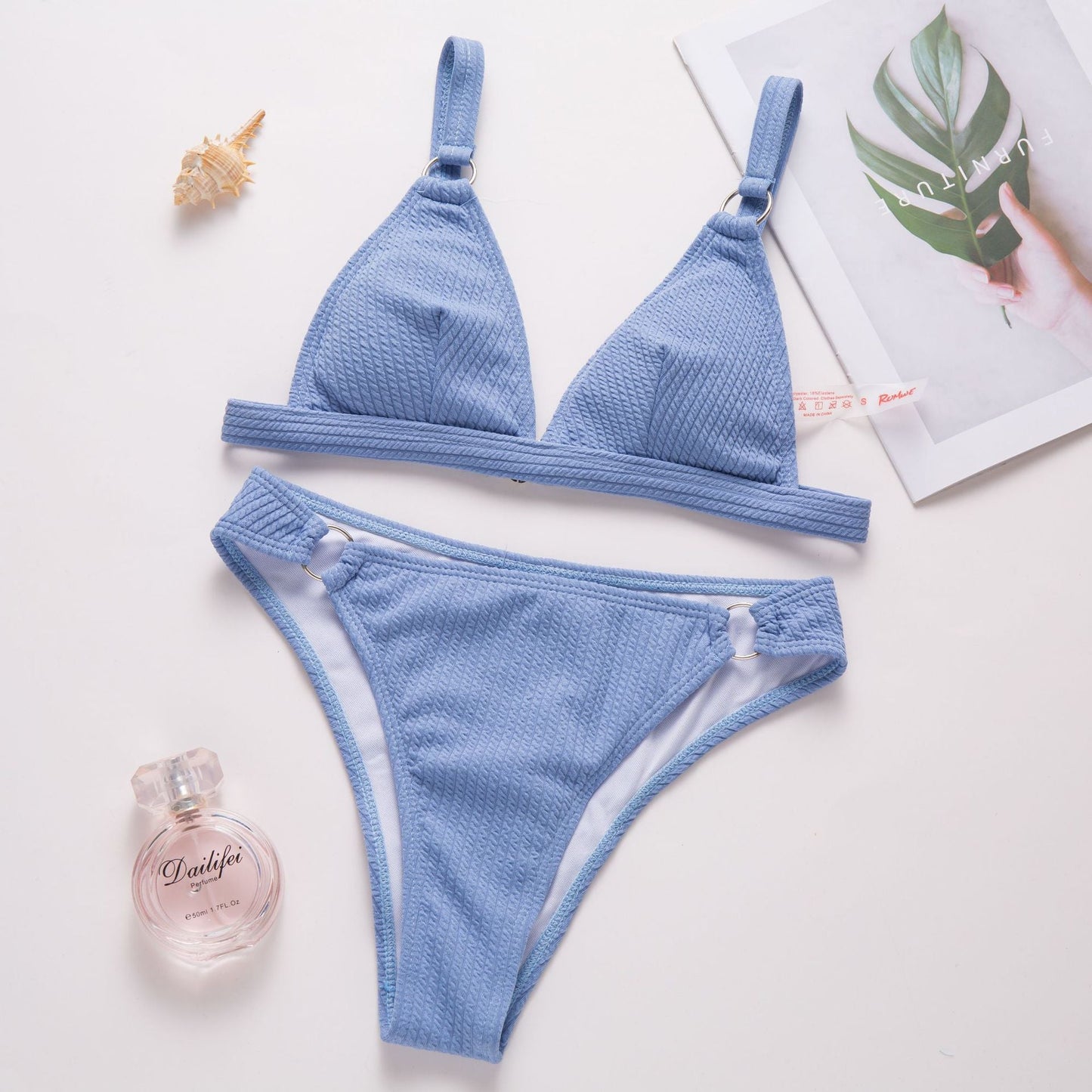 Women Swimwear Solid Color Sexy Bikini Triangle Strap Backless Split Swimsuit