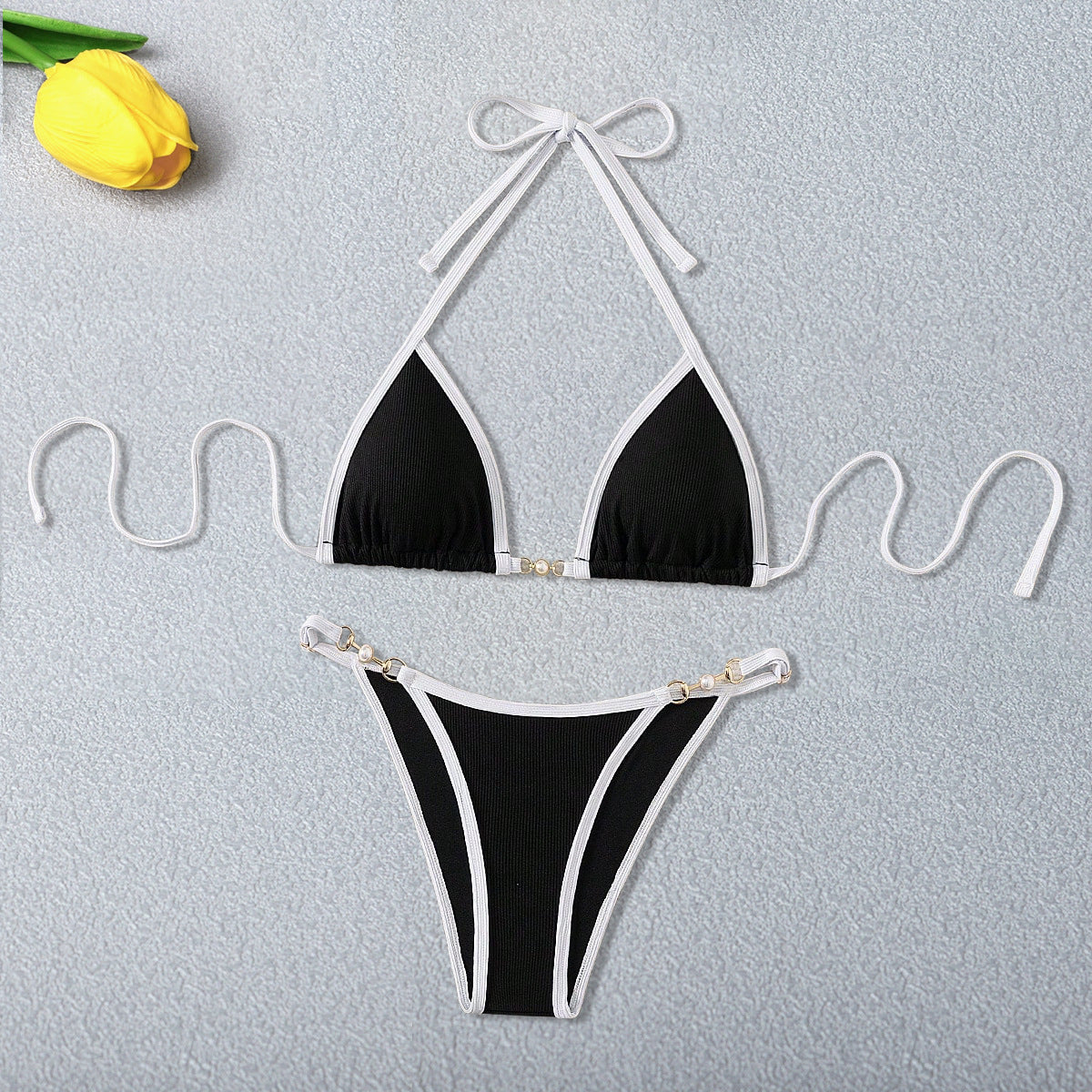 Split Two Piece Set Bikini Women Lace up Backless Simple Swimsuit