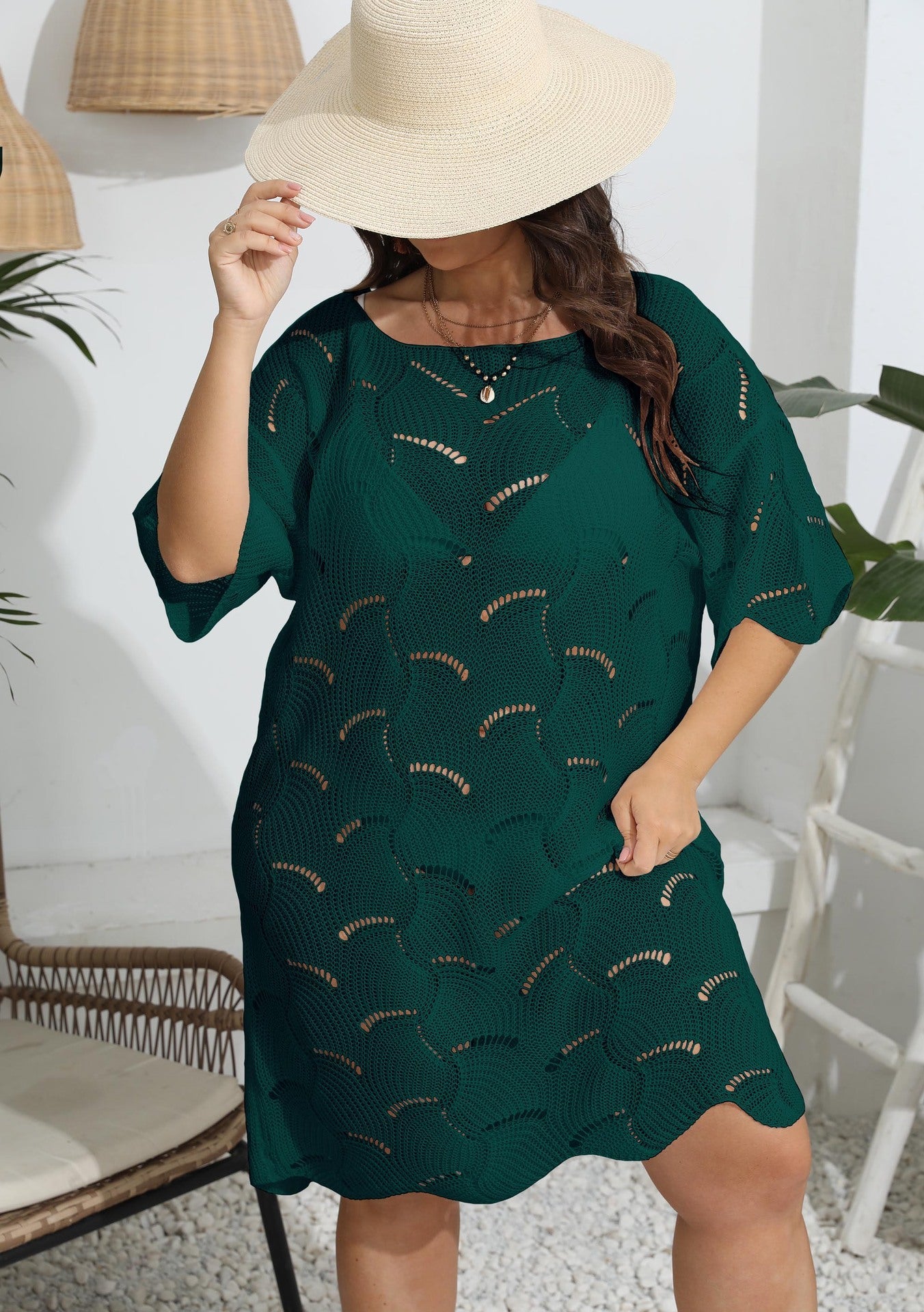 Beach Cover Up Women Clothes Sexy Off Neck Hollow Out Cutout Out Woven Beach Dress