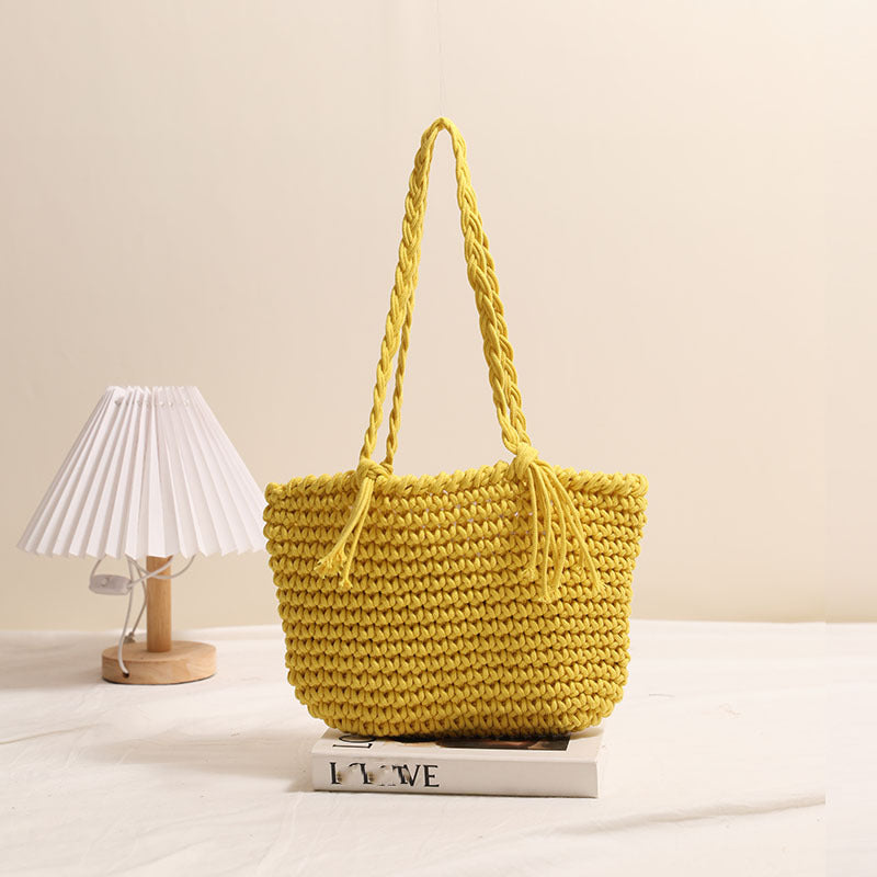 Tassel Shoulder Cotton Thread Woven Bag Solid Color Straw Bag Vacation Beach Bag Casual Women Bag