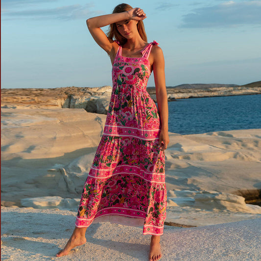 Printed Bow Shoulder Strap One Piece Swimsuit Women