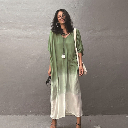 Gradient Color Rayon Beach Dress Vacation Beach Cover Up Swimsuit Outwear Dress Women Slit