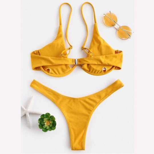 Sexy Bikini Split Gathering Steel Bracket Solid Color Swimsuit Women